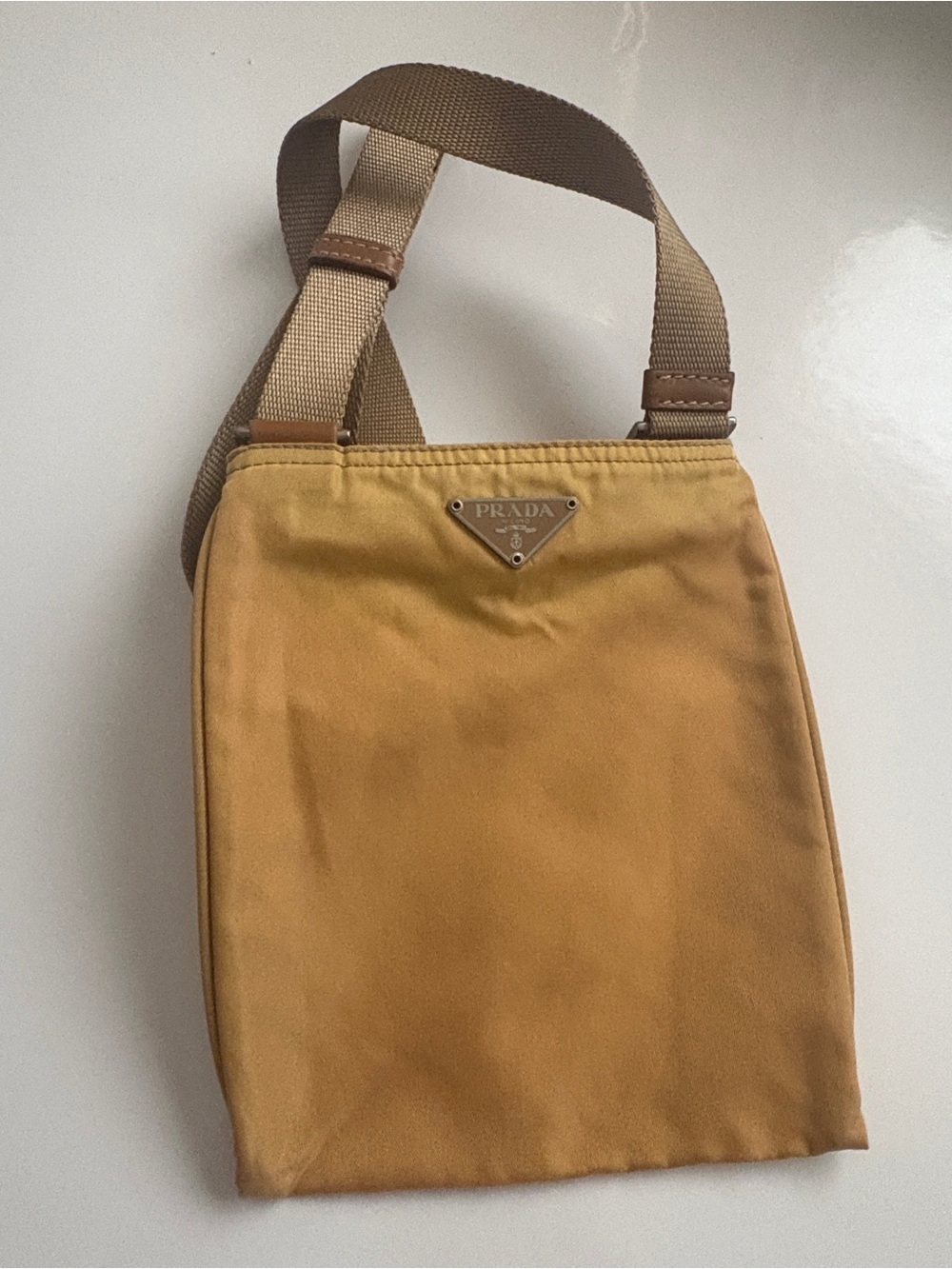 Vintage Authentic Prada Beige/Yellow Nylon Crossbody Messenger Bag